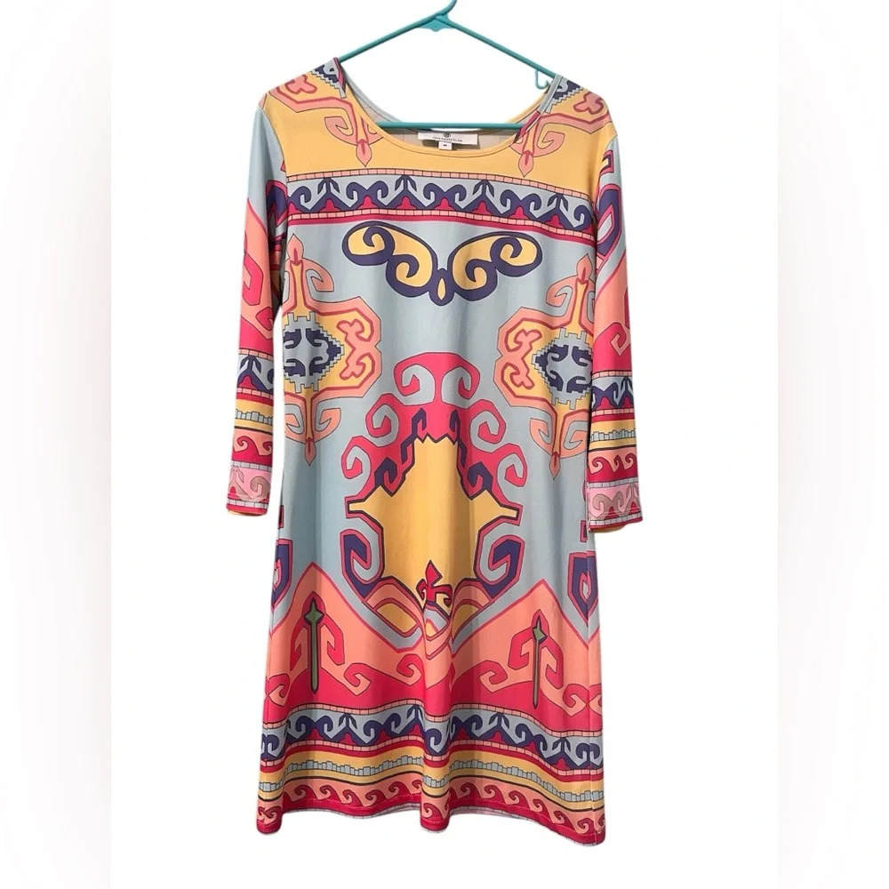JEAN-PIERRE KLIFA PARIS colorful 3/4 sleeve DAPHNE dress grecian size MEDIUM - Picture 2 of 8